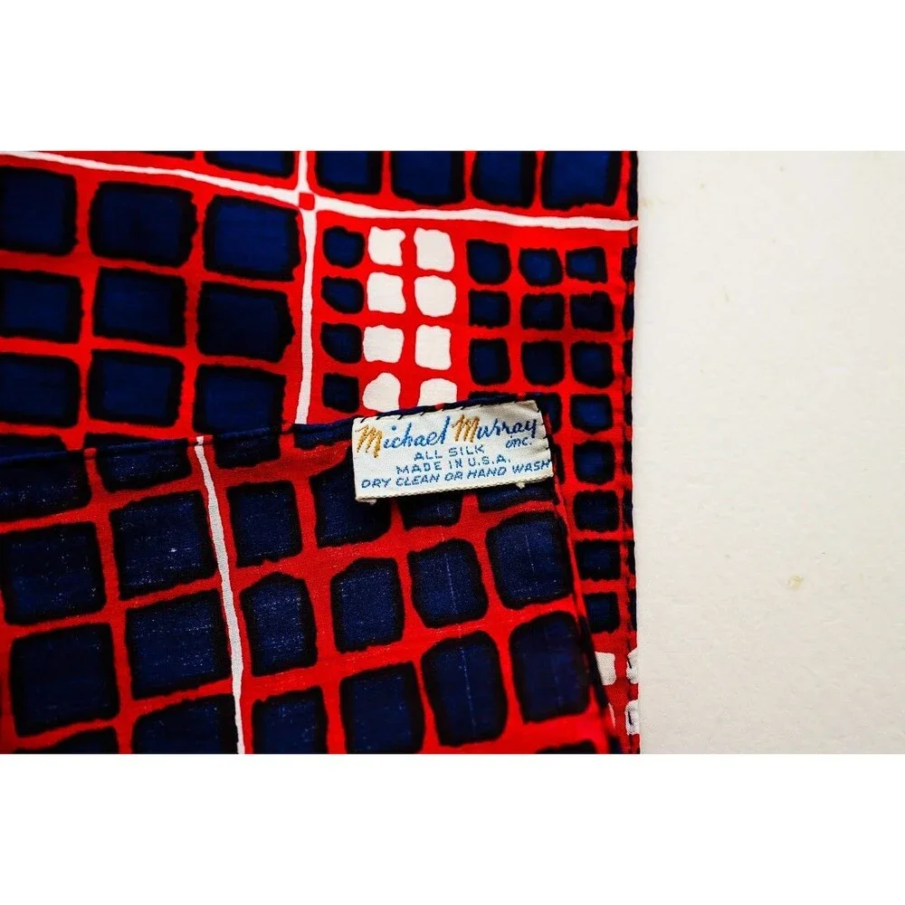 Vintage Michael Murray Silk Red Blue Geometric Scarf rectangle neck USA
